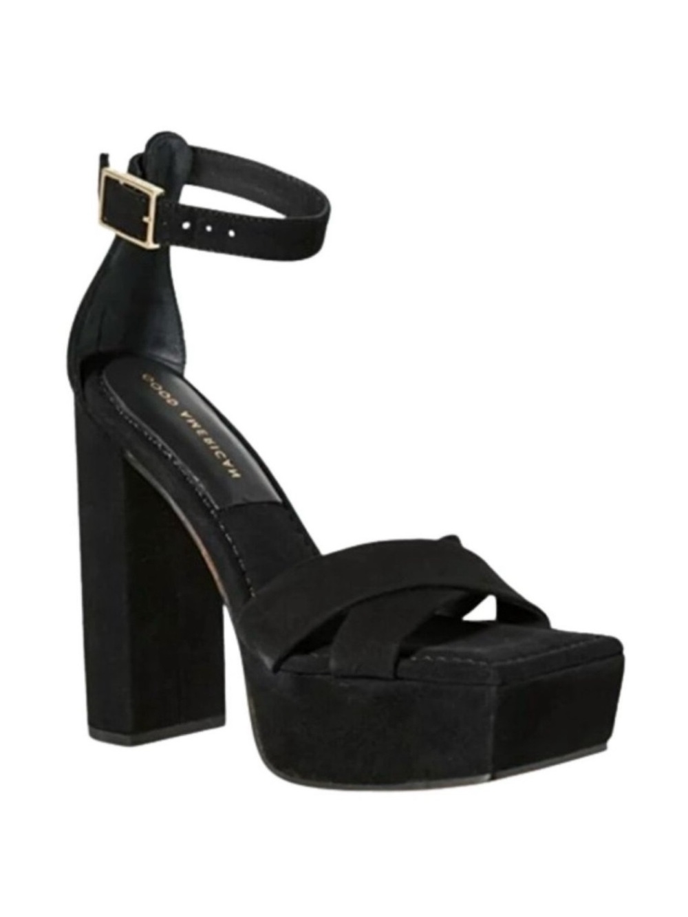 Good American Square Toe Chunky Heel Strappy Platform in Black Suede
